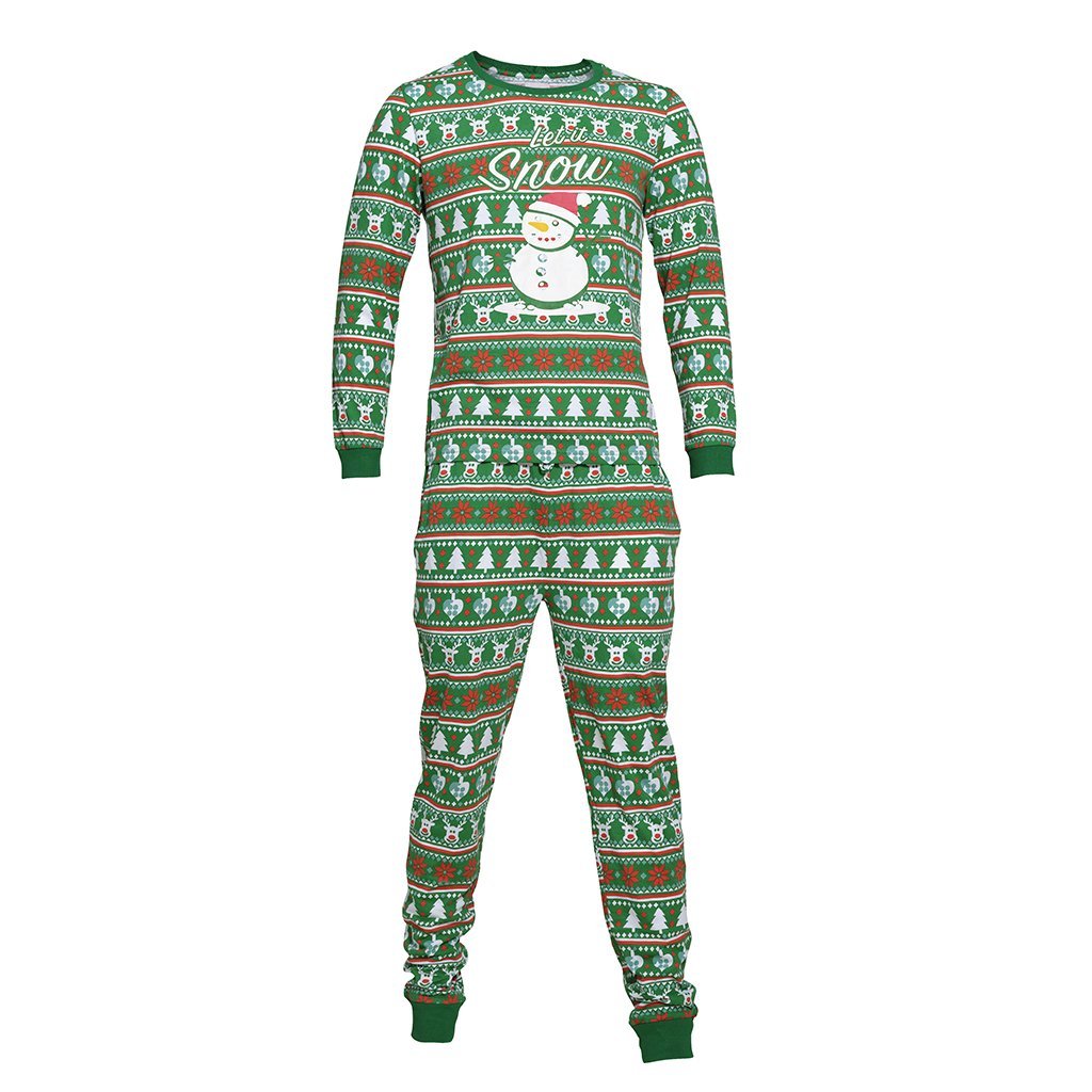 Grüner Weihnachtspyjama mit einem Schneemann darauf.